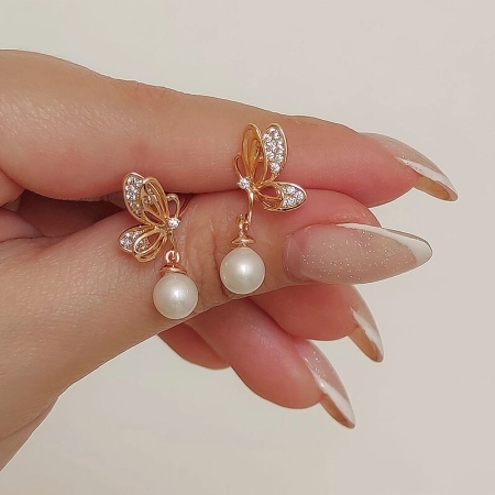 گوشواره میخی پروانه و آویز مروارید ژوپینگ کد 649