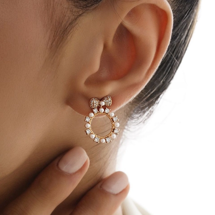 گوشواره میخی حلقه مروارید و تاج پاپیون ژوپینگ کد 562