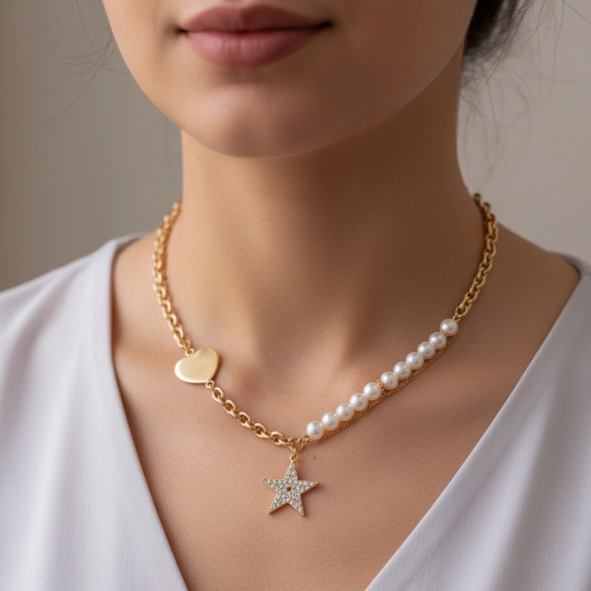 گردنبند مروارید و قلب با آویز ستاره ژوپینگ کد 574