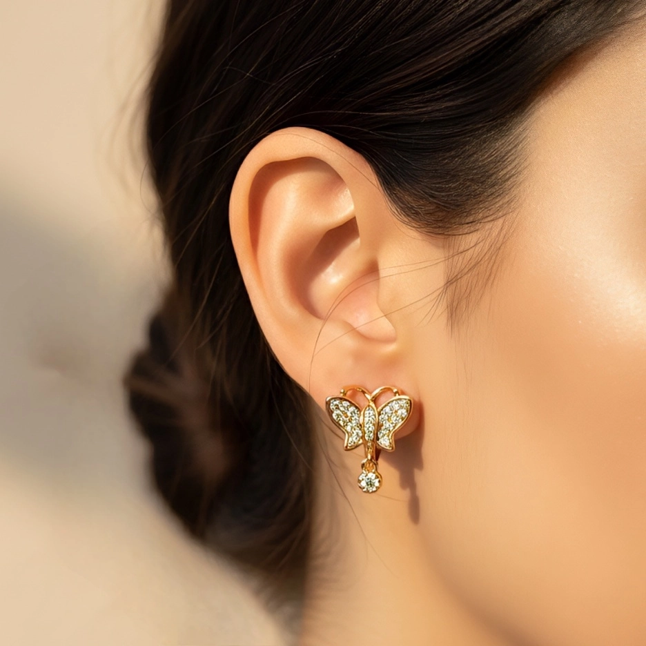 گوشواره حلقه ای پروانه با آویز نگین ژوپینگ کد 577