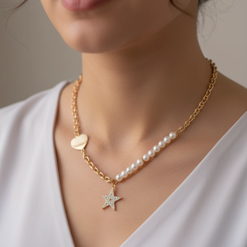 گردنبند مروارید و قلب با آویز ستاره ژوپینگ کد 574