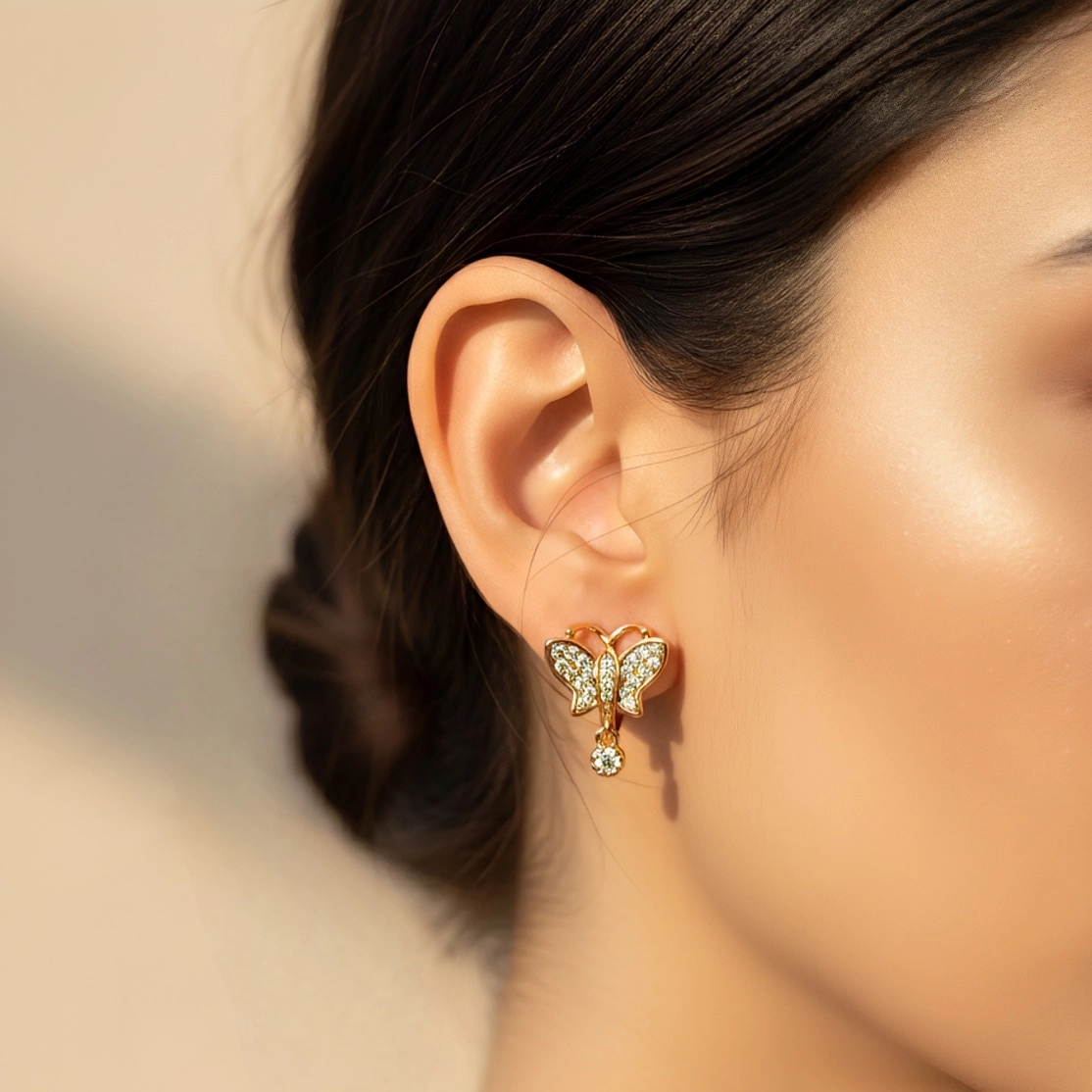 گوشواره حلقه ای پروانه با آویز نگین ژوپینگ کد 577