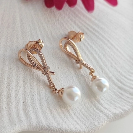 گوشواره دخترانه ژوپینگ مدل آویز پاپیون و مروارید کد 953